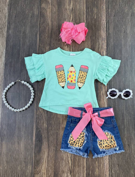 The Hair Bow Company - Teal Patterned Pencils Ruffle Sleeve Shirt & Denim Shorts